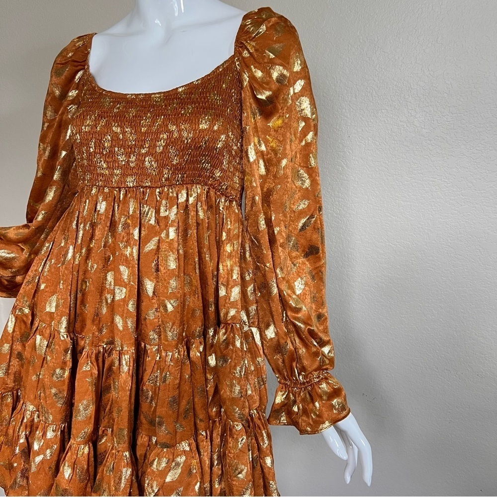 Aron Rust and Gold Velvet Smocked Mini  Dress NWT - Picture 4 of 7